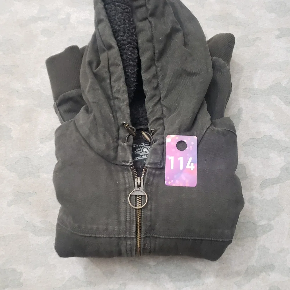 G.H. Bass Jacket Mens Large Gray Canvas Sherpa Lined Full Zip Hooded Workwear